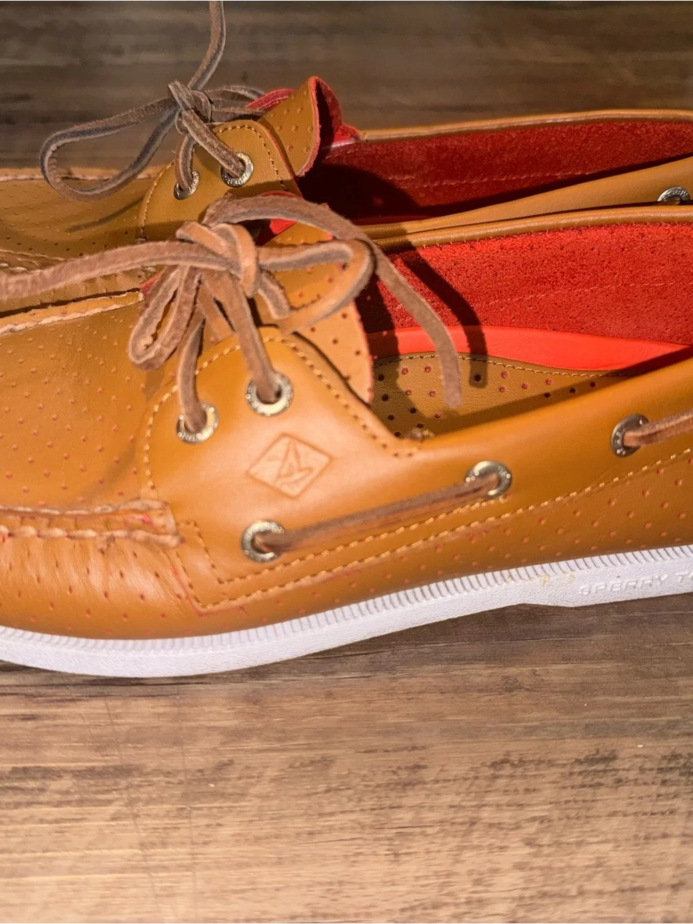 Sperry Men’s Tan Leather Perforated Boat Shoes with Orange Lining